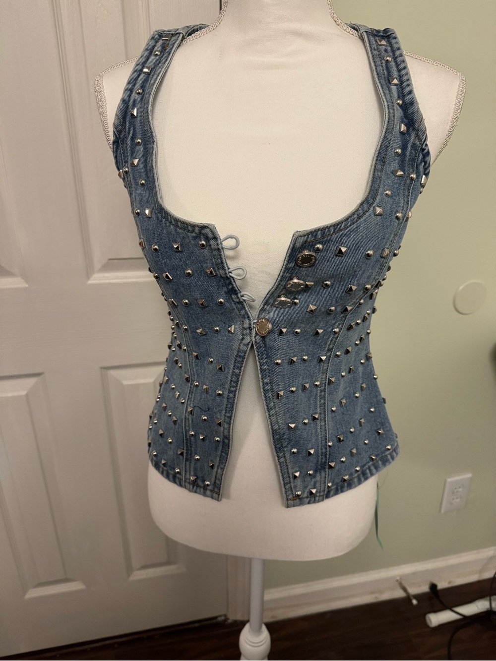 Studded Blue Denim Vest - Women Tops